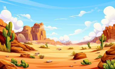 Kaktüsleri, kayalık uçurumları ve parlak mavi gökyüzü olan çöl manzarası. Vektör çizgi film illüstrasyonu