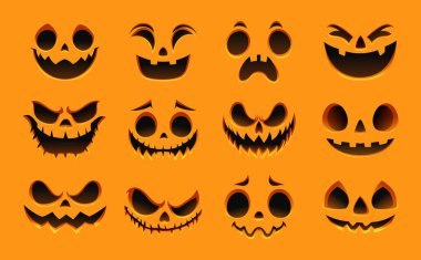 Cadılar Bayramı balkabağı yüzlerinin farklı duygularla toplanması. Vektör çizgi film illüstrasyonu.