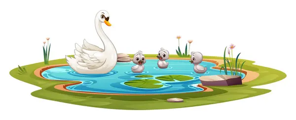 stock vector Mother swan with baby swans swimming in a pond. Vector cartoon illustration