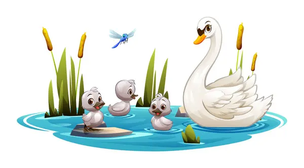 stock vector Mother swan with baby swans swimming in a pond with cattails and a dragonfly. Vector cartoon illustration