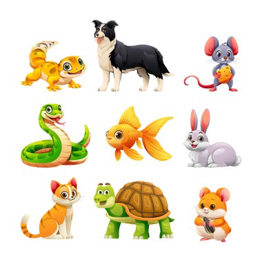 Kertenkele, köpek, tavşan ve kedi gibi evcil hayvanlar. Vektör çizgi film illüstrasyonu