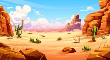 Kaktüs ve kayalık uçurumlarla çöl manzarası arka plan vektör çizimi