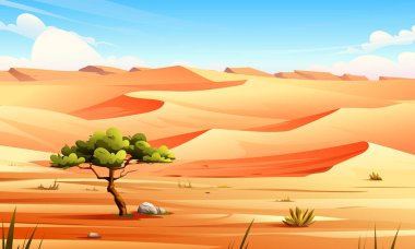 Mavi gökyüzünün altında ağaç ve kum tepeleri olan çöl manzarası. Vektör çizgi film illüstrasyonu