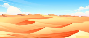 Kum tepeleri ve mavi gökyüzü olan çöl manzarası. Doğa arkaplan karikatürü çizimi