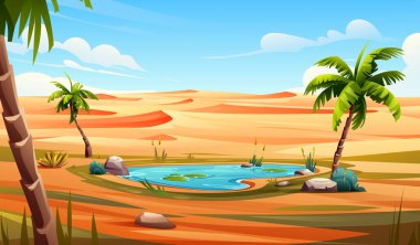 Palmiye ağaçları, sakin su ve mavi gökyüzünün altında kumlu manzaralı çöl vahası. Vektör çizgi film illüstrasyonu