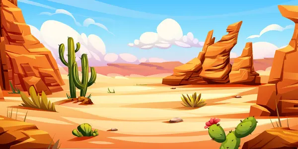 stock vector Desert landscape with cactus, rocky cliffs, and blue sky. Vector cartoon illustration