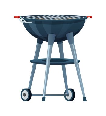 Tekerlekli bir tezgahta ızgara, açık hava yemek ekipmanları. Vektör çizgi film illüstrasyonu