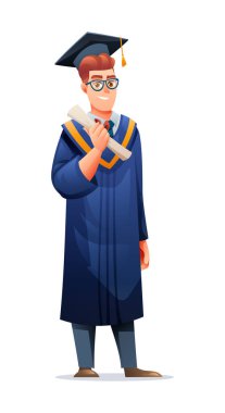 Erkek mezun akademik önlük ve cübbe ile diploma sahibi. Vektör çizgi film karakteri çizimi