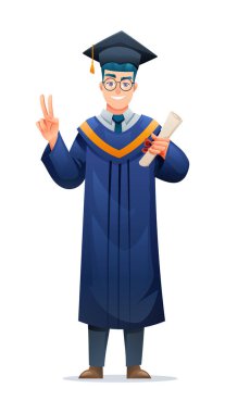 Diploması olan erkek mezun akademik başlık ve cübbeyle barış işareti yapıyor. Vektör çizgi film illüstrasyonu