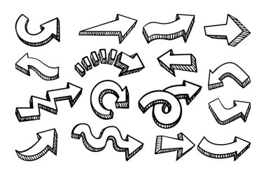 Üç boyutlu oklar, el çizimi görüntüler, çeşitli şekiller ve beyaz arka planda yönler. Vektör çizgi film illüstrasyonu