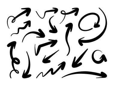 Kıvrımlı ve düz çizgiler de dahil olmak üzere çeşitli şekillerde el yapımı siyah oklar. Vektör çizgi film illüstrasyonu