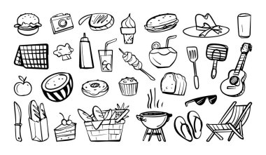 Mangal ve gitar gibi yiyecek, içecek ve açık hava malzemelerinin yer aldığı el yapımı piknik karalamaları. Vektör çizgi film illüstrasyonu