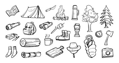 El yapımı kamp karalamaları çadır, kamp ateşi, ağaçlar ve teçhizat da dahil. Vektör çizgi film illüstrasyonu