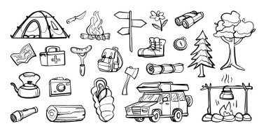 El yapımı kamp karalamaları çadır, kamp ateşi, teçhizat ve ağaçlar da dahil. Vektör çizgi film illüstrasyonu