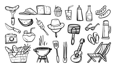 Elle çizilmiş piknik karalamaları arasında yiyecek, içecek ve BBQ ve gitar gibi açık hava malzemeleri vardı. Vektör çizgi film illüstrasyonu