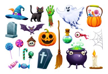 Cadılar Bayramı koleksiyonunda cadı şapkası, siyah kedi, hayalet, kazan, balkabağı ve şeker var. Vektör çizgi film illüstrasyonu