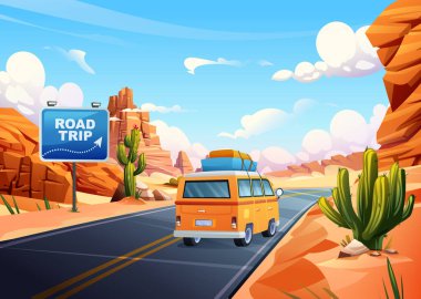 Kaktüs ve kayalık manzaralarla çöl otobanında araba gezisi. Vektör çizgi film illüstrasyonu