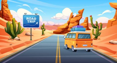 Çöl yolunda arabayla yolculuk. Her iki tarafında da eşsiz kaya oluşumları ve kaktüsleri var. Vektör çizgi film illüstrasyonu