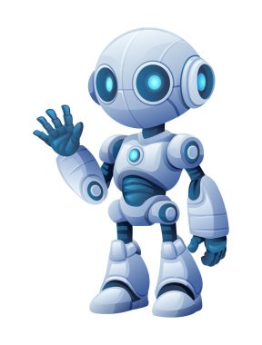 Sevimli robot karakter el sallıyor. Vektör çizgi film illüstrasyonu