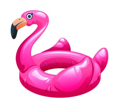 Flamingo şeklinde şişme havuz yüzüyor. Yüzme havuzu eğlencesi ve yaz tatili için ideal. Vektör çizgi film illüstrasyonu