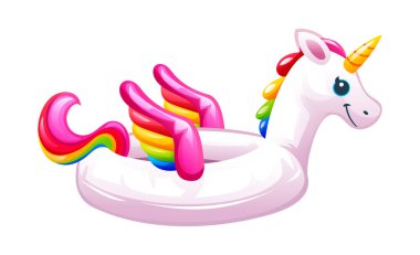 Tek boynuzlu at şeklindeki şişme havuz gökkuşağı kanatlı yüzüyor. Vektör çizgi film illüstrasyonu