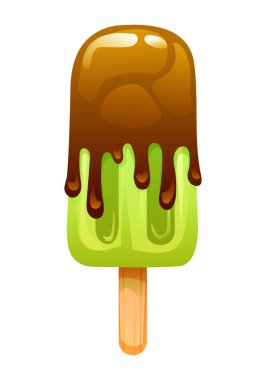 Çikolata kaplı dondurma çubuğu yeşil bir katmana damlıyor. Vektör çizgi film illüstrasyonu