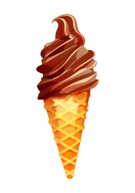 Kremalı kremalı kremalı külahta çikolatalı dondurma var. Vektör çizgi film illüstrasyonu