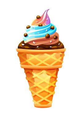 Kıvrılmış gökkuşağı ve çikolatalı dondurma. Üstünde de waffle külahında gevrek toplar var. Vektör çizgi film illüstrasyonu