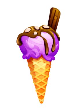 Üstüne çikolata sosu serpiştirilmiş mor dondurma ve waffle külahında gofret çubuğu. Vektör çizgi film illüstrasyonu