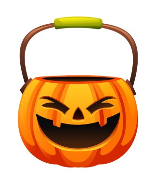 Gülen suratlı, yeşil saplı Cadılar Bayramı balkabağı kovası. Şenlikli şeker koleksiyonu için mükemmel. Vektör çizgi film illüstrasyonu