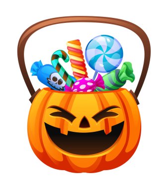 Cadılar Bayramı balkabağı kovası renkli şeker ve şeker için şeker dolu. Vektör çizgi film illüstrasyonu