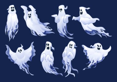 Farklı pozlardaki tuhaf ve tuhaf hayalet karakterler. Cadılar Bayramı teması için mükemmel. Vektör çizgi film illüstrasyonu