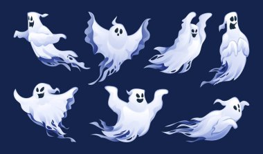 Set of spooky ghost characters in different flying poses. Vector cartoon illustration clipart