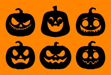 Korkunç ve komik ifadeli oyulmuş balkabaklarından oluşan Cadılar Bayramı siluetleri. Vektör çizgi film illüstrasyonu