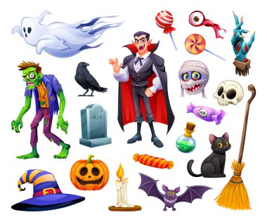 Zombi, cadı ve balkabağı gibi çeşitli Cadılar Bayramı karakterleri ve objeleri. Vektör çizgi film illüstrasyonu