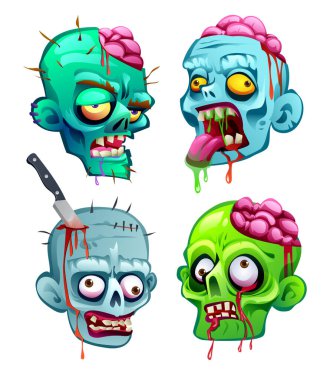 Ortaya çıkmış beyinleri ve korkunç detayları olan zombi kafaları. Vektör çizgi film illüstrasyonu