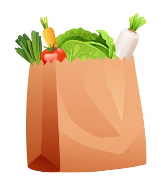 Domates, lahana, havuç ve yeşil soğanlı kağıt poşet. Vektör çizgi film illüstrasyonu