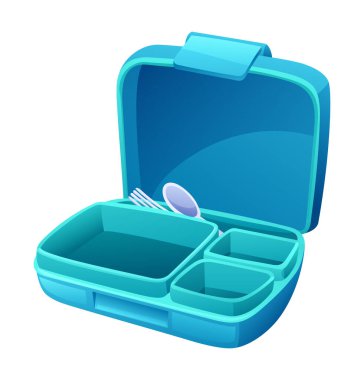 Mavi konteynırda çatal ve kaşıkla dolu boş beslenme çantası. Vektör çizgi film illüstrasyonu