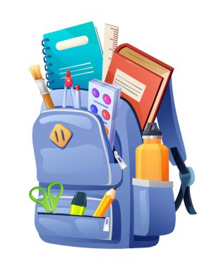 Kitaplarla dolu mavi bir sırt çantası, su şişesi ve okul için kırtasiye malzemesi. Vektör çizgi film illüstrasyonu