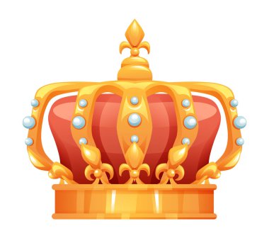 Şatafatlı kırmızı ve altın kraliyet tacı, değerli taşlar, gücü ve otoriteyi simgeliyor. Vektör çizgi film illüstrasyonu