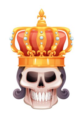 Kraliyet tacı ve kıvırcık saçlı bir kafatası. Vektör çizgi film illüstrasyonu