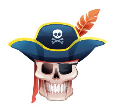 Göz bandı ve şapkalı bir korsan kafatası. Vektör çizgi film illüstrasyonu