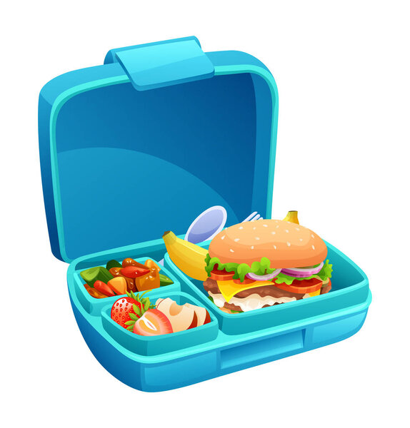 Обеденная коробка с бургером, фруктами и овощами в отсеках. Векторная иллюстрация
