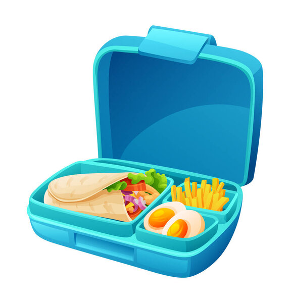 Коробка для завтрака с кебабом, картошкой фри и яйцами в отсеках. Векторная иллюстрация