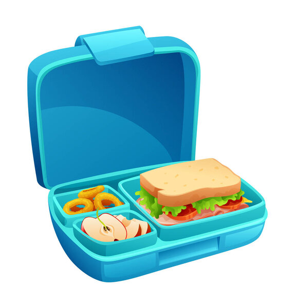 Обеденная коробка с сэндвичем, ломтиками яблок и луковыми кольцами в купе. Векторная иллюстрация