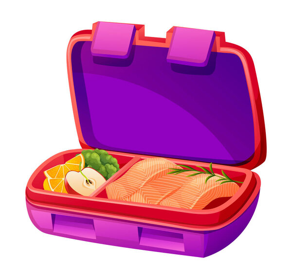 Обеденная коробка с лососем, фруктами и овощами в отсеках. Векторная иллюстрация