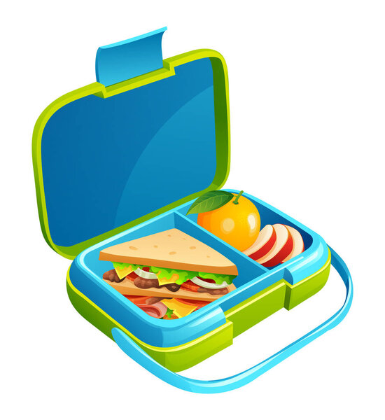 Обеденная коробка с сэндвичем, ломтиками яблок и апельсином в купе. Векторная иллюстрация