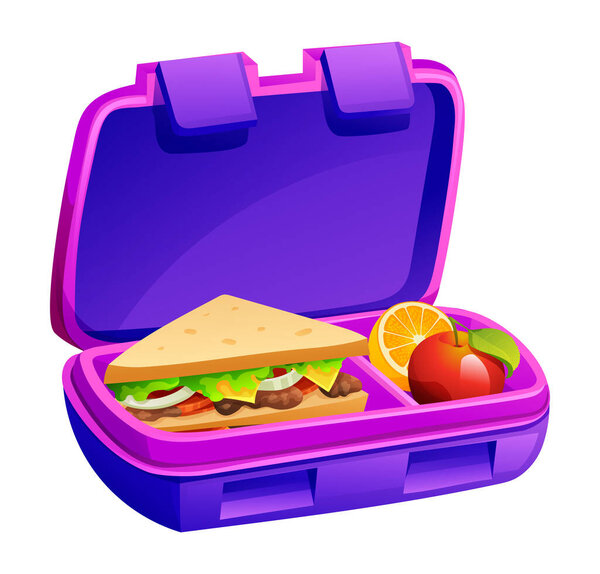 Обеденная коробка с сэндвичем, яблоком и оранжевыми ломтиками в фиолетовом контейнере. Векторная иллюстрация