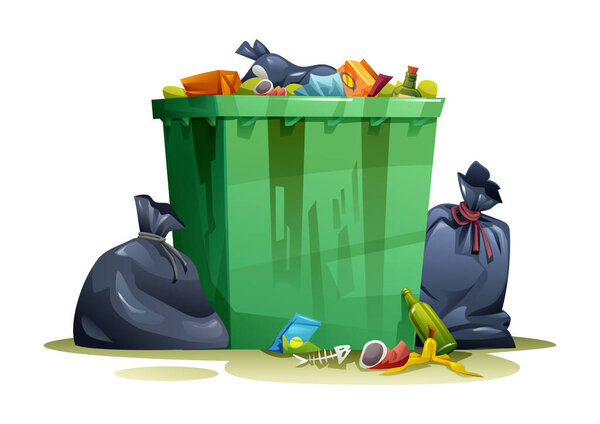 Garbage filled dumpster with trash bags and scattered litter on the ground around it. Vector cartoon illustration