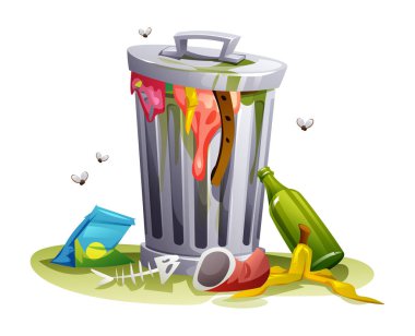 Overflowing trash bin with food, bottles, and litter on the ground, surrounded by flies. Vector cartoon illustration clipart